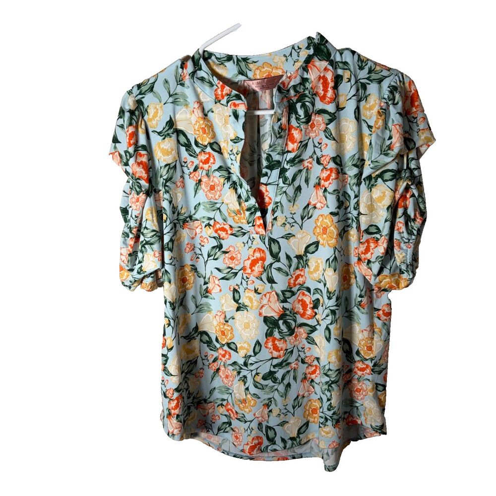 Amana Blouse Women's Medium V-Neck Floral Short Sleeve Ruffle Shirt Top